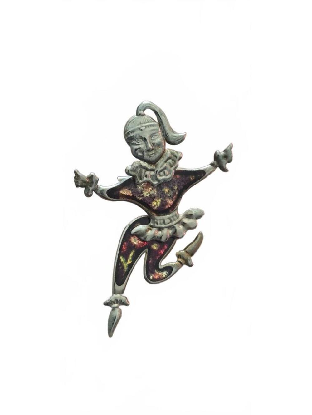 Vintage Dancing Harlequin Clown Pin Brooch with Enamel Detailing